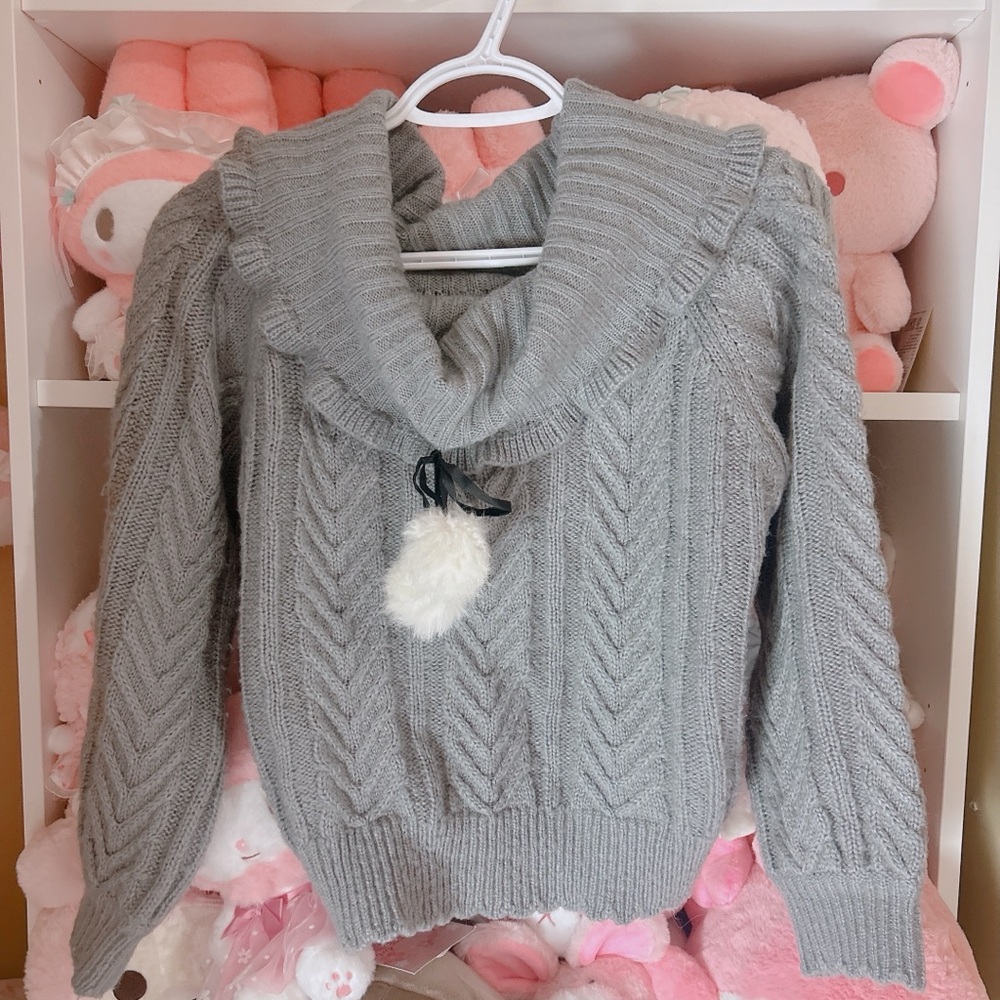 ♡ ank rouge gray pompom tie off shoulder sweater ♡